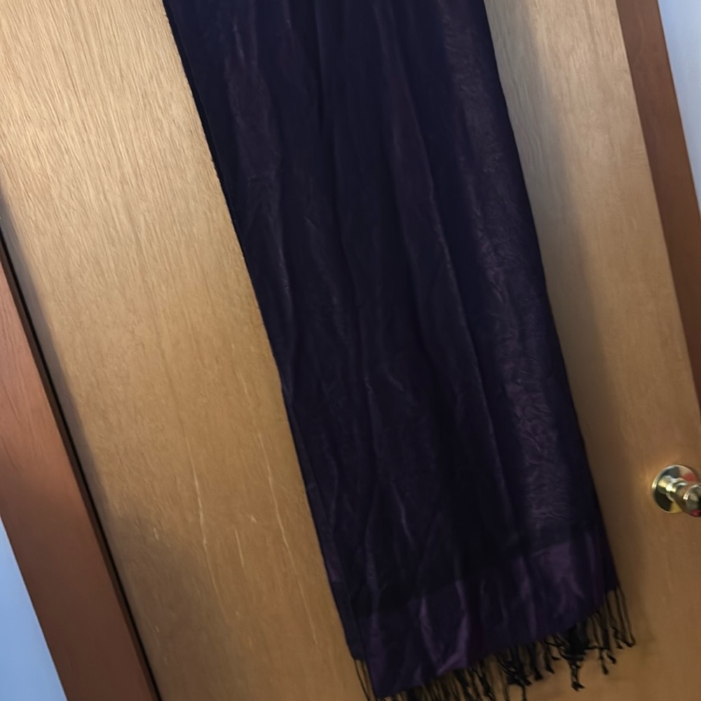 Beautiful black and purple long wrap scarf with brocade design black tassels